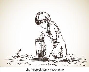 Sketch of girl playing with sand, Hand drawn vector illustration