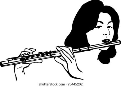  a sketch a girl plays the wind musical instrument flute