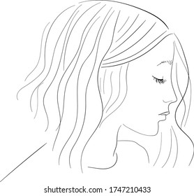 Sketch of a girl in profile with a fashionable haircut bob. Fashion illustration of a hairstyle.
Black and white drawing. Print Stylish original hand-drawn graphic portrait with a beautiful girl