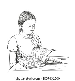 Sketch of girl reading book, Hand drawn vector illustration