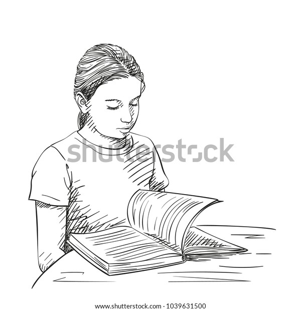 Sketch Girl Reading Book Hand Drawn Stock Vector (Royalty Free) 1039631500