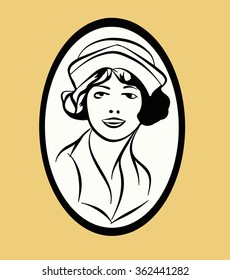 sketch of a girl in retro oval frame