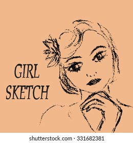 Sketch girl with short hair. Line graphic portrait. Charcoal drawing on a craft paper. Female face. Young lady with flower in hair. Vector illustration.