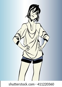 sketch of a girl with short hair standing in shorts holding her hands on hips