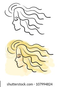 Sketch of a girl (side view) in two variants, monochrome and colorful. Eps 10 vector