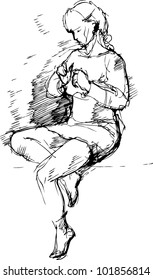 sketch a girl sits underlaying a leg under itself