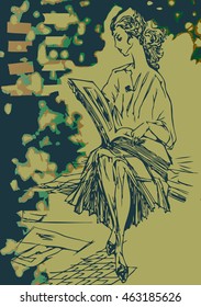 Sketch of a girl sitting on her lap and open the album looks content on a background of green bushes