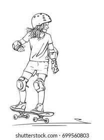 Sketch of girl skateboarder in full protection and helmet riding on skateboard, Hand drawn line art vector illustration isolated on white background