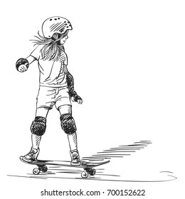 Sketch girl skateboarder and long hair riding skateboard in full protection   helmet  Hand drawn hatched shades vector illustration isolated white background