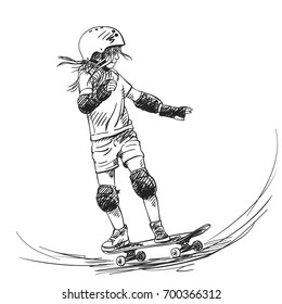 Sketch girl skateboarder and long hair riding skateboard in full protection   helmet in skate park  Hand drawn hatched shades vector illustration isolated white background