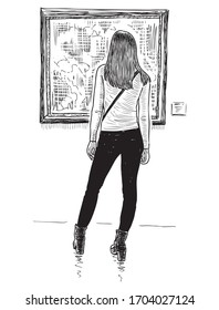 Sketch of girl standing in front of picture in museum and looking