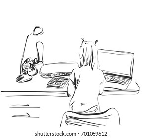 Sketch of girl studying using pen tablet. Hand drawn vector illustration