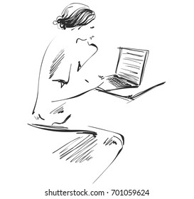 Sketch of girl studying using pen tablet. Hand drawn vector illustration