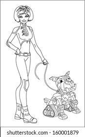 sketch Girl in stylish combination with a dog-robot