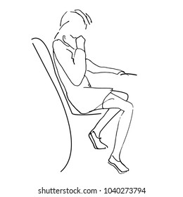 Sketch of a girl at the table. Line drawing. Background. Isolated vectorial process