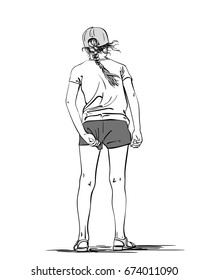 Sketch of girl teenager straightens panties under shorts, View from back, Hand drawn vector illustration colored gray