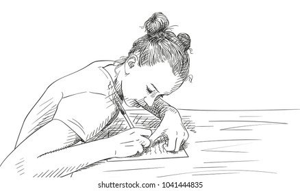 Sketch of girl with two buns hairstyle writing in notebook, Hand drawn vector illustration