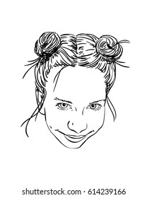 Sketch of girl with two buns hairstyle looking at the camera, Hand drawn vector line art illustration