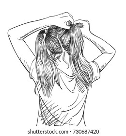 Sketch of girl tying her long hair in two ponytail, View from back, Hand drawn vector illustration with hatched shade isolated on white background