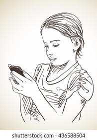 Sketch of girl using smart phone, Hand drawn illustration