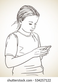 Sketch of girl using smart phone, Hand drawn vector illustration