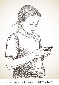 Sketch of girl using smart phone, Hand drawn vector illustration