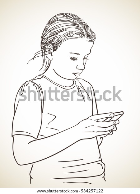 Sketch Girl Using Smart Phone Hand Stock Vector Royalty