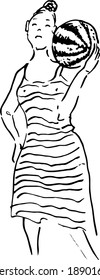 sketch of a girl  with watermelon. vector illustration 