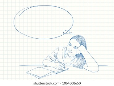 Sketch of girl writing in notebook and dreaming with thought bubble, Hand drawn vector illustration on blue gridded paper, Children, education and learning concept