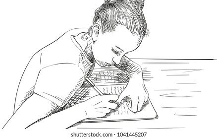 Sketch Of Girl Writing In Notebook, Hand Drawn Vector Illustration