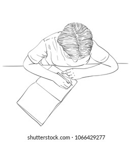 Sketch of girl writing in notebook, Hand drawn vector linear illustration view from above, Children, education and learning concept