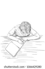 Sketch of girl writing in notebook, Hand drawn vector illustration view from above, Children, education and learning concept