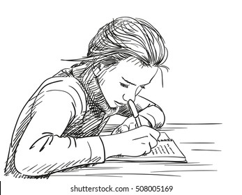 Sketch Of Girl Writing In Notebook Hand Drawn Vector Illustration