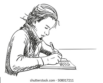 Sketch Of Girl Writing In Notebook Hand Drawn Vector Illustration