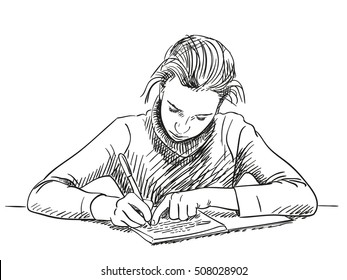 Sketch of girl writing in notebook Hand drawn vector illustration