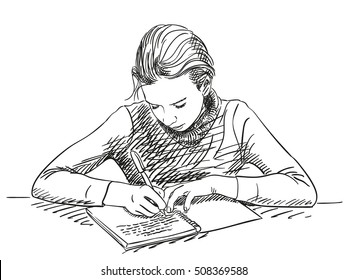 Sketch of girl writing in notebook Hand drawn vector illustration