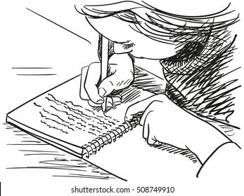 Sketch of girl writing in notebook Hand drawn vector illustration