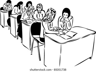 sketch of the girls in the audience sitting at the table