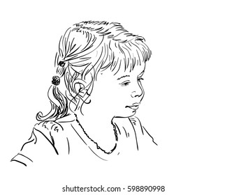 Sketch of girl's face in profile, Hand drawn vector illustration, Black lines on white