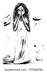 a sketch of the girl's figure that raises the stones up by the power of thought