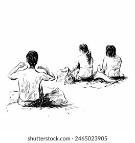 Sketch of the girls group sit alone the beach in summer season 