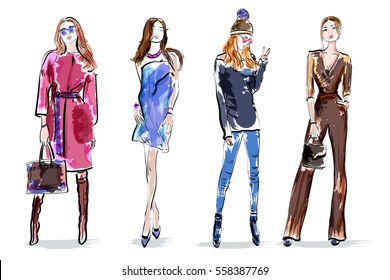 Sketch girls set. Stylish hand drawing women. Colorful female characters. Vector illustration.