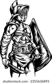 boceto de Gladiator warrior iilustración en blanco y negro .vector