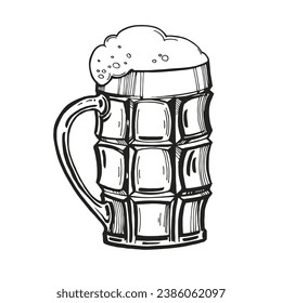 sketch of glass of beer, hand drawn vector illustration of drink with a lot of foam, beer mug, doodle graphic, black and white color, monochrome, for beer restaurant and pub, decoration menu