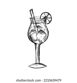 sketch glass hand drawn black and white cocktail sketch. Vector