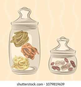 sketch glass jar with nuts and pasta