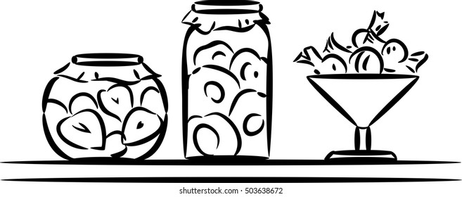 Sketch of glass jars with canned fruits 