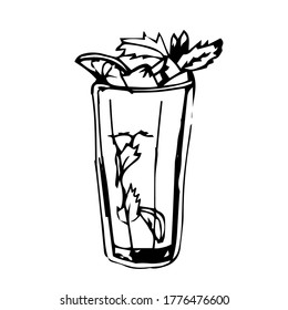 Sketch of a glass glass with lemonade. Cocktail sketch with ice, mint, lemon.