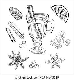 Sketch of a glass with mulled wine and ingredients around: mint, citrus, cinnamon, star anise and pieces of sugar.	