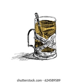 Sketch of glass with tea in glass-holder. Hand drawn vector illustration isolated on white background.